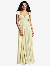 Rear View Thumbnail - Butter Yellow Shirred Cross Bodice Lace Up Open-Back Maxi Dress with Flutter Sleeves