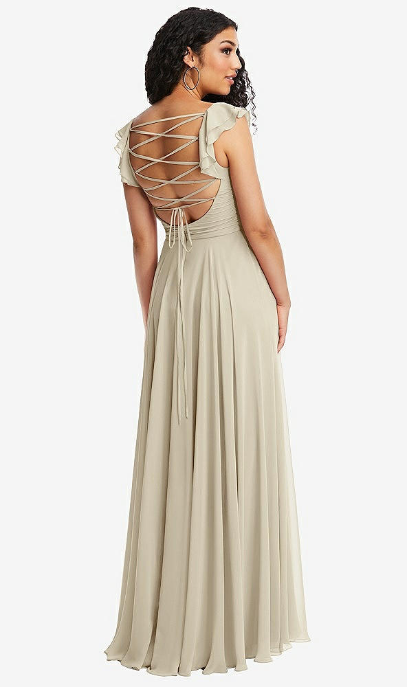 Front View - Champagne Shirred Cross Bodice Lace Up Open-Back Maxi Dress with Flutter Sleeves