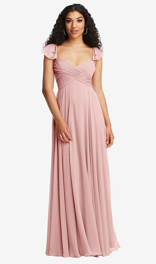Back View - Rose Shirred Cross Bodice Lace Up Open-Back Maxi Dress with Flutter Sleeves