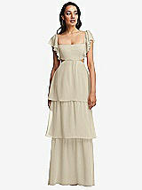 Front View Thumbnail - Champagne Flutter Sleeve Cutout Tie-Back Maxi Dress with Tiered Ruffle Skirt