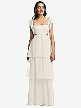 Front View Thumbnail - Ivory Flutter Sleeve Cutout Tie-Back Maxi Dress with Tiered Ruffle Skirt