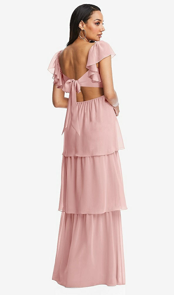 Back View - Rose Flutter Sleeve Cutout Tie-Back Maxi Dress with Tiered Ruffle Skirt
