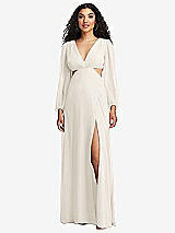 Front View Thumbnail - Ivory Long Puff Sleeve Cutout Waist Chiffon Maxi Dress 