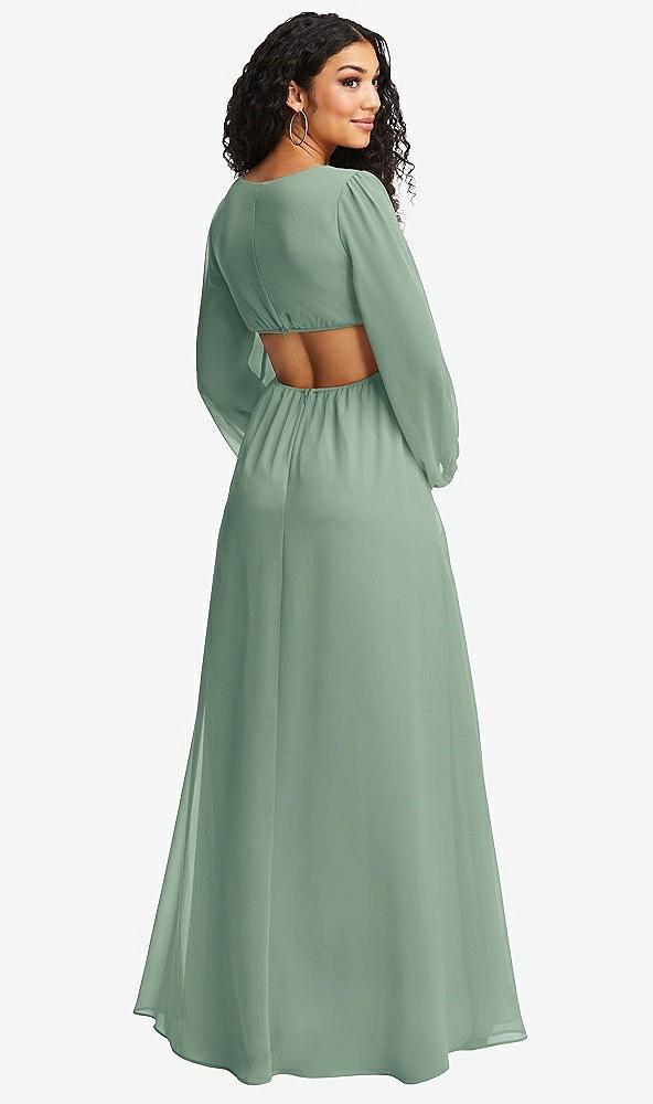 Back View - Seagrass Long Puff Sleeve Cutout Waist Chiffon Maxi Dress 