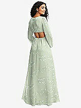 Rear View Thumbnail - Vintage Primrose Sage Long Puff Sleeve Cutout Waist Chiffon Maxi Dress 