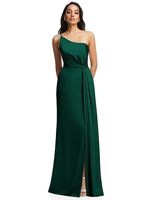 One-Shoulder Draped Skirt Satin Trumpet Gown