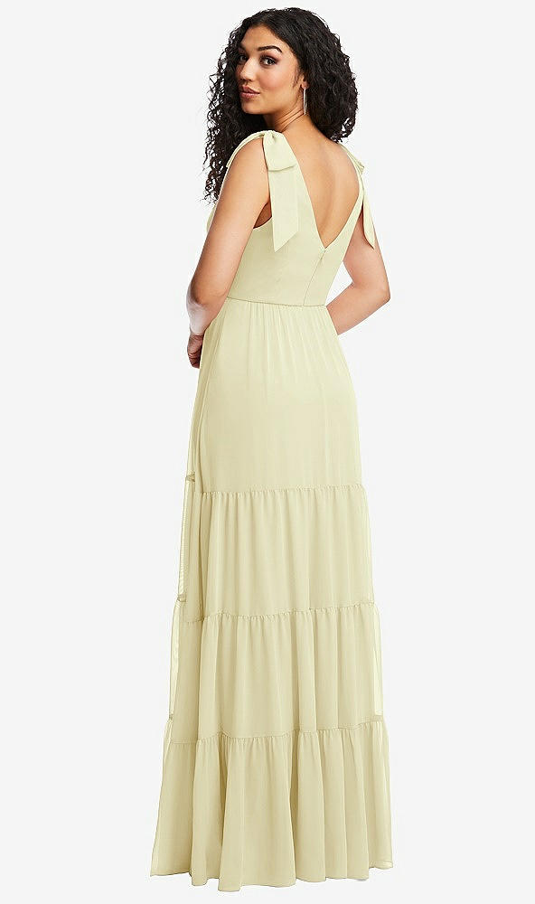 Back View - Butter Yellow Bow-Shoulder Faux Wrap Maxi Dress with Tiered Skirt