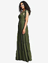 Side View Thumbnail - Olive Green Bow-Shoulder Faux Wrap Maxi Dress with Tiered Skirt