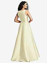 Rear View Thumbnail - Butter Yellow Boned Corset Closed-Back Satin Gown with Full Skirt and Pockets