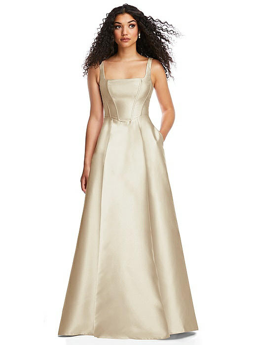 Boned Corset Closed-Back Satin Gown with Full Skirt and Pockets