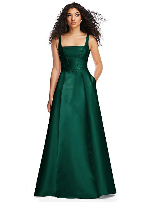 Boned Corset Closed-Back Satin Gown with Full Skirt and Pockets