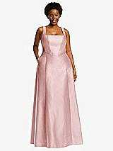 Alt View 1 Thumbnail - Ballet Pink Boned Corset Closed-Back Satin Gown with Full Skirt and Pockets