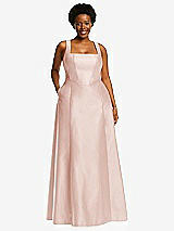 Alt View 1 Thumbnail - Blush Boned Corset Closed-Back Satin Gown with Full Skirt and Pockets