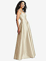 Side View Thumbnail - Champagne Boned Corset Closed-Back Satin Gown with Full Skirt and Pockets