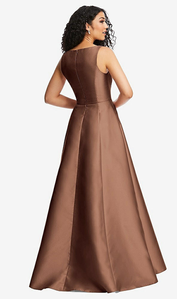 Back View - Cognac Boned Corset Closed-Back Satin Gown with Full Skirt and Pockets