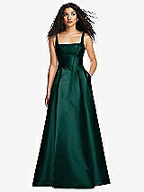 Front View Thumbnail - Evergreen Boned Corset Closed-Back Satin Gown with Full Skirt and Pockets