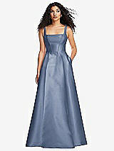 Front View Thumbnail - Larkspur Blue Boned Corset Closed-Back Satin Gown with Full Skirt and Pockets