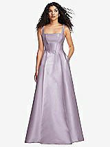 Front View Thumbnail - Lilac Haze Boned Corset Closed-Back Satin Gown with Full Skirt and Pockets