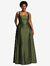 Alt View 1 Thumbnail - Olive Green Boned Corset Closed-Back Satin Gown with Full Skirt and Pockets