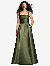 Front View Thumbnail - Olive Green Boned Corset Closed-Back Satin Gown with Full Skirt and Pockets