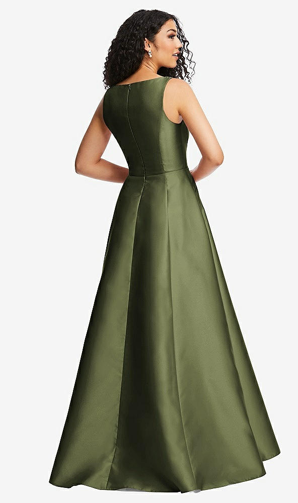 Back View - Olive Green Boned Corset Closed-Back Satin Gown with Full Skirt and Pockets