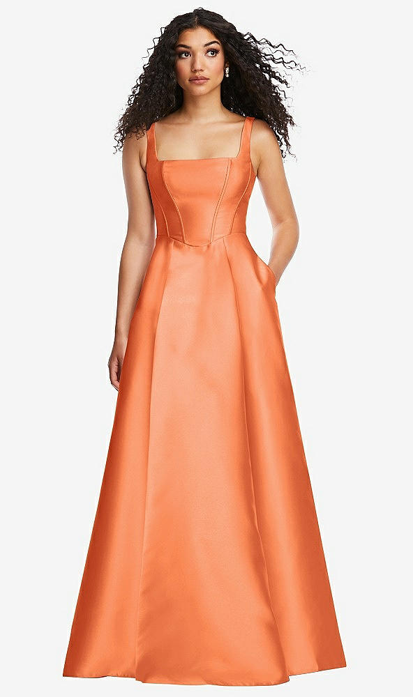 Front View - Portofino Orange Boned Corset Closed-Back Satin Gown with Full Skirt and Pockets