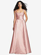 Front View Thumbnail - Rose Boned Corset Closed-Back Satin Gown with Full Skirt and Pockets