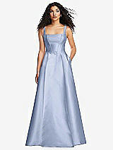 Front View Thumbnail - Sky Blue Boned Corset Closed-Back Satin Gown with Full Skirt and Pockets