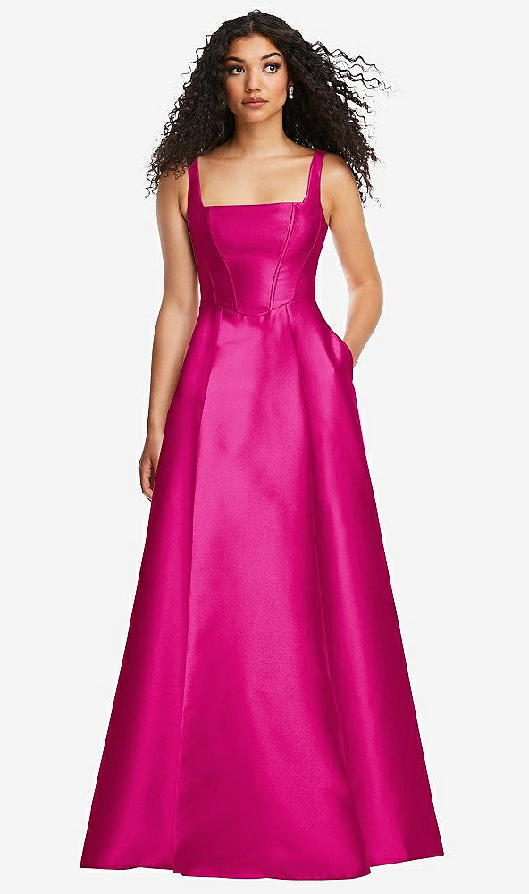 Front View - Think Pink Boned Corset Closed-Back Satin Gown with Full Skirt and Pockets