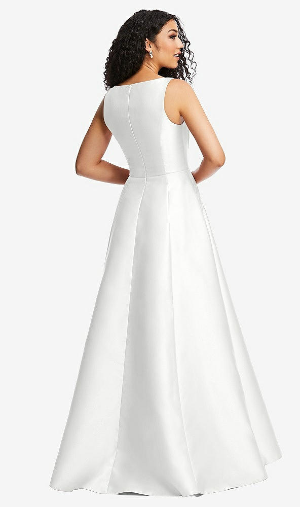 Back View - White Boned Corset Closed-Back Satin Gown with Full Skirt and Pockets