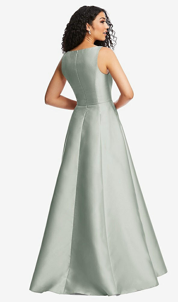 Back View - Willow Green Boned Corset Closed-Back Satin Gown with Full Skirt and Pockets