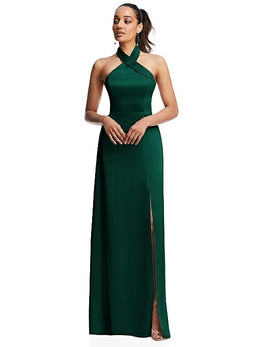 Shawl Collar Open-Back Halter Maxi Dress with Pockets