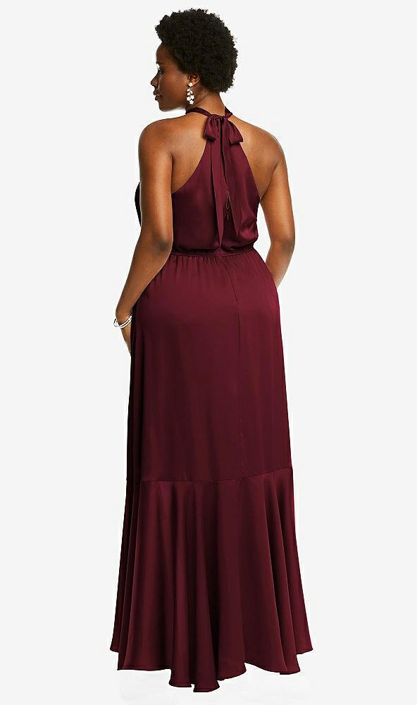 Back View - Cabernet Tie-Neck Halter Maxi Dress with Asymmetric Cascade Ruffle Skirt