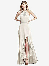 Alt View 1 Thumbnail - Ivory Tie-Neck Halter Maxi Dress with Asymmetric Cascade Ruffle Skirt