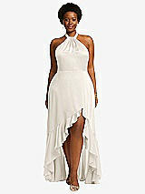 Front View Thumbnail - Ivory Tie-Neck Halter Maxi Dress with Asymmetric Cascade Ruffle Skirt