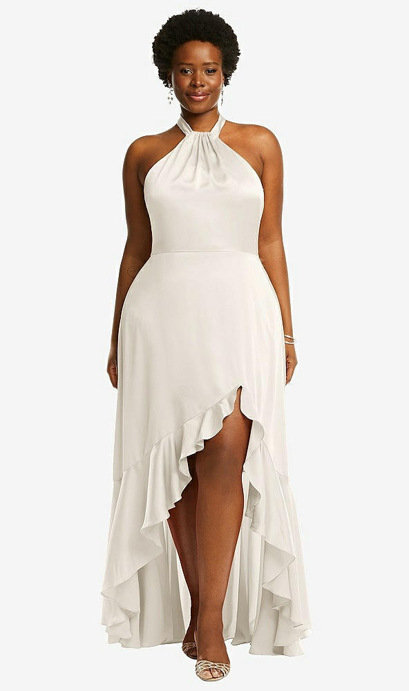 Front View - Ivory Tie-Neck Halter Maxi Dress with Asymmetric Cascade Ruffle Skirt
