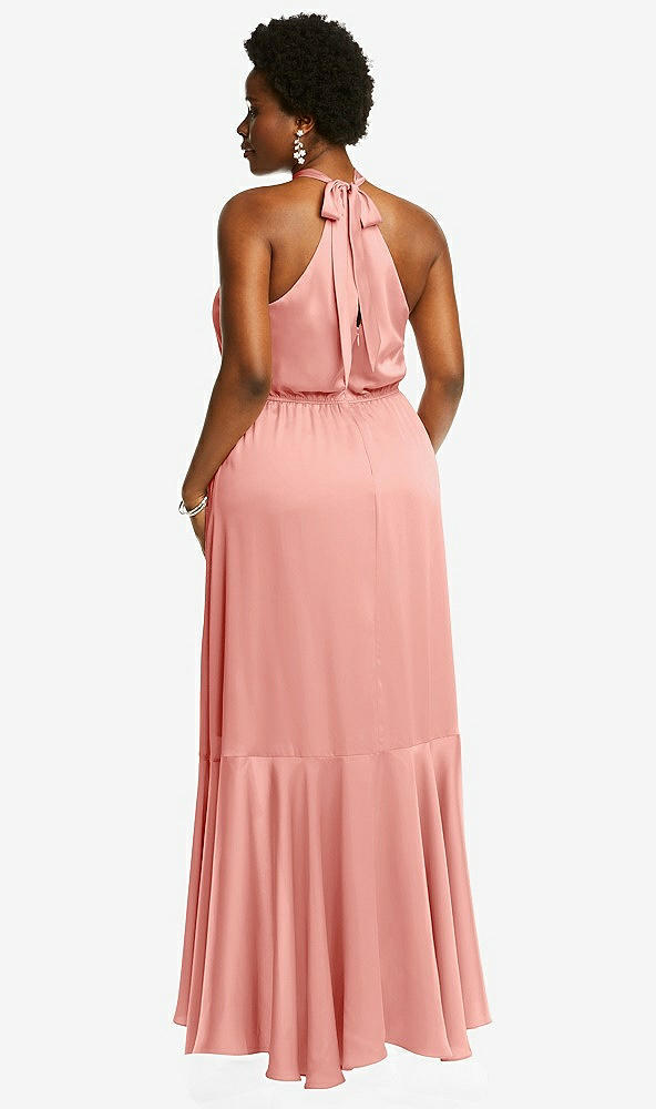 Back View - Rose Tie-Neck Halter Maxi Dress with Asymmetric Cascade Ruffle Skirt
