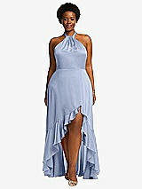 Front View Thumbnail - Sky Blue Tie-Neck Halter Maxi Dress with Asymmetric Cascade Ruffle Skirt
