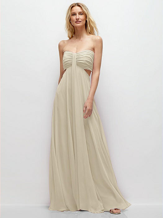 Strapless Empire Waist Cutout Maxi Dress with Covered Button Detail