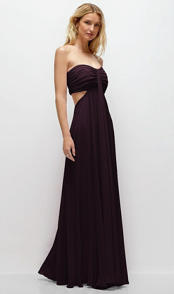 Back View - Deep Plum Strapless Empire Waist Cutout Maxi Dress with Covered Button Detail