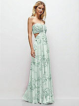Rear View Thumbnail - Mint Green Floral Strapless Empire Waist Cutout Maxi Dress with Covered Button Detail