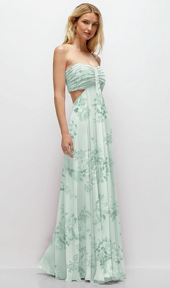 Back View - Mint Green Floral Strapless Empire Waist Cutout Maxi Dress with Covered Button Detail