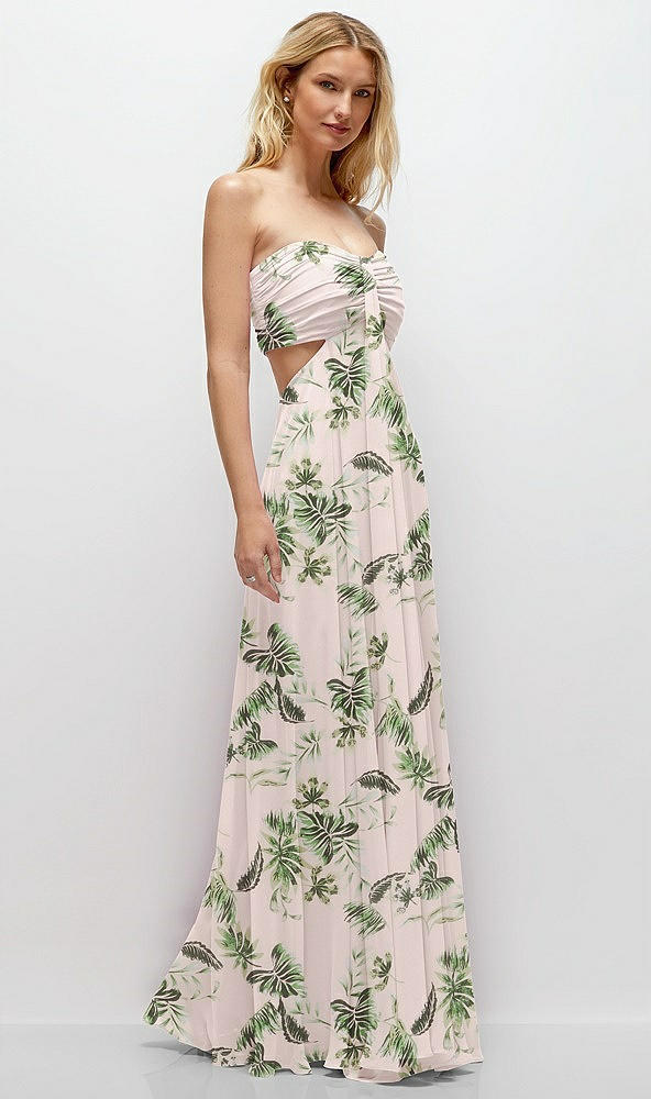 Back View - Palm Beach Print Strapless Empire Waist Cutout Maxi Dress with Covered Button Detail