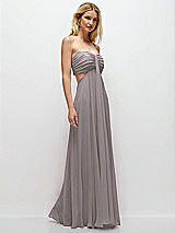 Rear View Thumbnail - Cashmere Gray Strapless Empire Waist Cutout Maxi Dress with Covered Button Detail