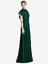 Side View Thumbnail - Hunter Green Shirred Stand Collar Flutter Sleeve Open-Back Maxi Dress with Sash