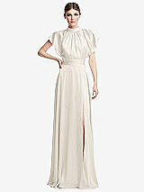 Front View Thumbnail - Ivory Shirred Stand Collar Flutter Sleeve Open-Back Maxi Dress with Sash