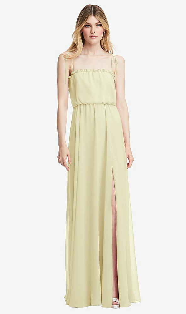 Front View - Butter Yellow Skinny Tie-Shoulder Ruffle-Trimmed Blouson Maxi Dress