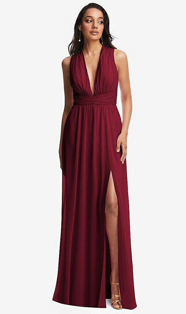 Front View - Burgundy Shirred Deep Plunge Neck Closed Back Chiffon Maxi Dress