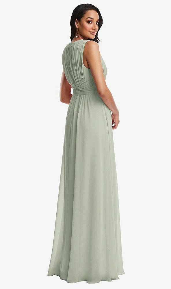 Back View - Celadon Shirred Deep Plunge Neck Closed Back Chiffon Maxi Dress