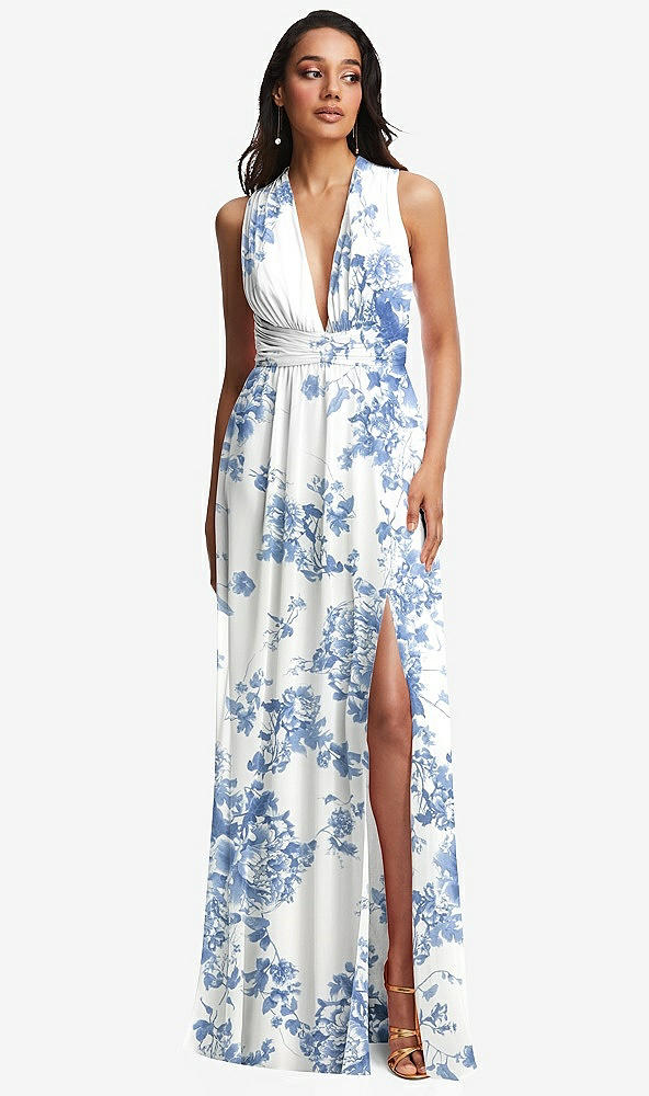 Front View - Cottage Rose Dusk Blue Shirred Deep Plunge Neck Closed Back Chiffon Maxi Dress